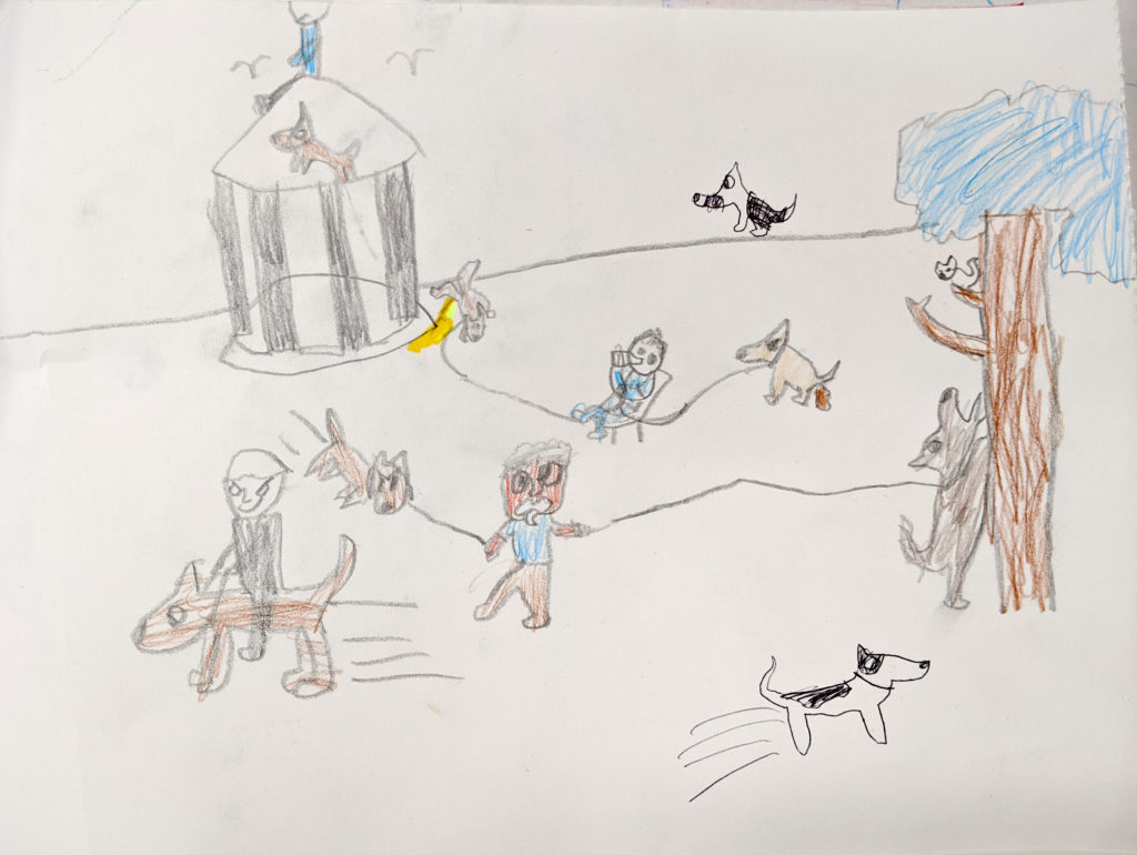 drawing. - “near Gazebo about four men and 8 big dogs just running wild”